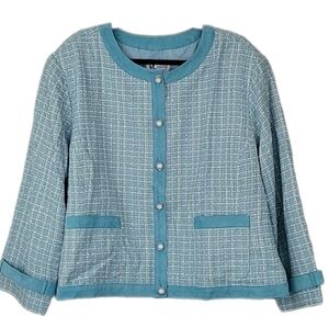 Maggie Sweet Powder Blue Lightweight Tweed Blazer with Collarless Design, 3X